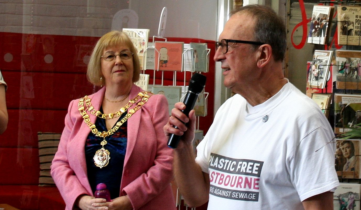 Mayor of Eastbourne Gill Mattock with Oliver Sterno at Refill Eastbourne, Enterprise Centre