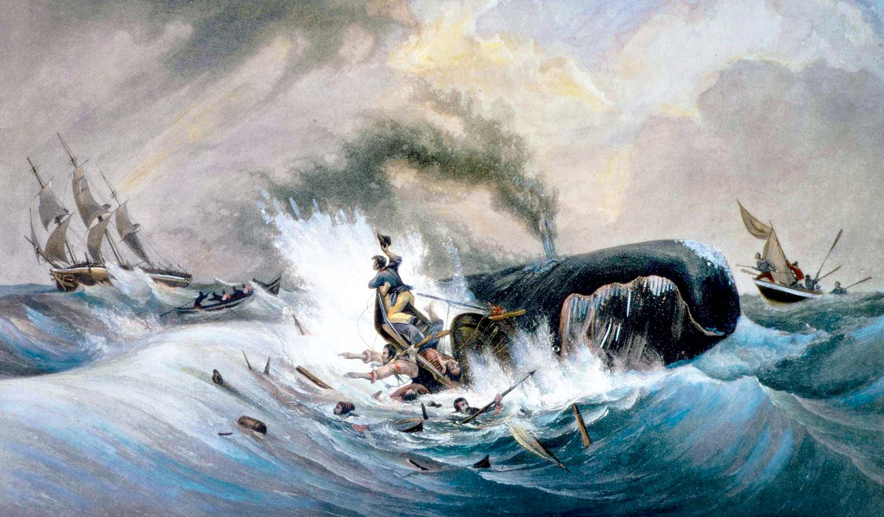 Ramming of the Essex in 1820, watercolour of the sperm whale attacking harpooneers